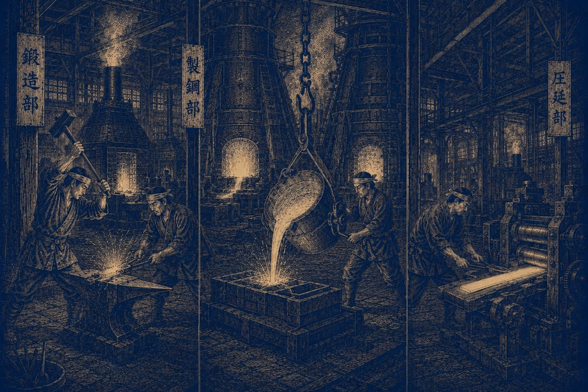 Four workers handling separate forging, casting, and rolling tasks in parallel across an illustrated workshop