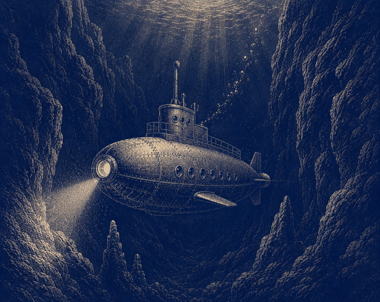 An engraved deep-blue submarine running a new course through an undersea canyon, searchlight lit
