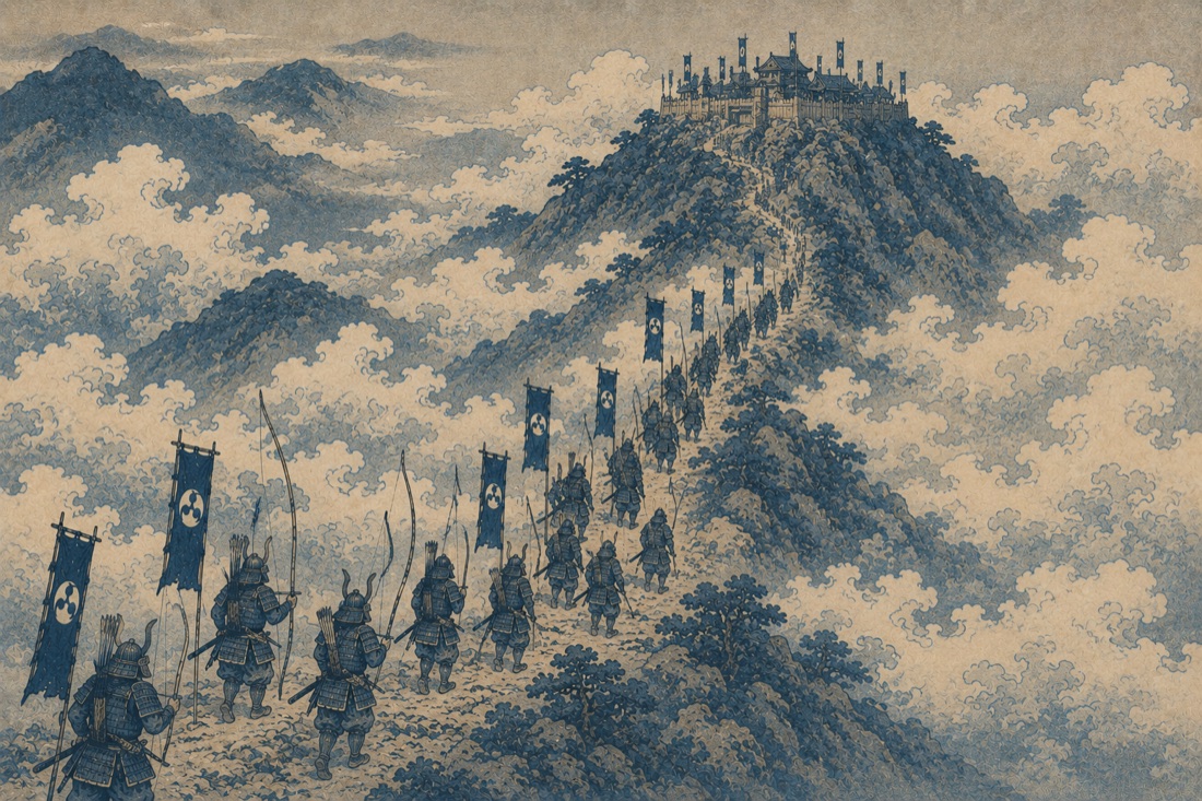 A fleet of ships moving together across dark water